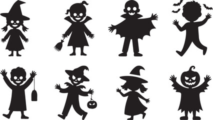 Collection of Halloween Kids Silhouette Collection Scary Costume Characters Vector Art
