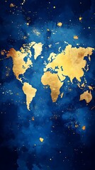 Fototapeta premium Gold World Map on Blue Watercolor Background