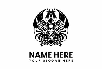 Dragonwinged warrior woman with crossed katanas poised and ready for battle.