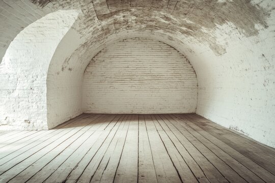 Empty whitewashed archway room with wooden floor