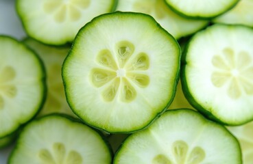 Macro view of fresh green cucumber slices showing texture and juicy interior. Slices feature star-shaped seed pattern. Ideal for food blogs, healthy eating, and salad ingredient content.
