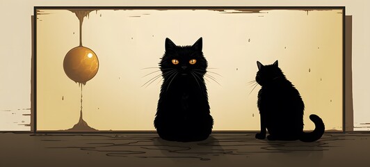 A simple cartoon depicts a black cat looking in a mirror with light in its eyes and a white background , generative AI