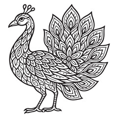 Elegant peacock with tail expanding into floral mandala pattern