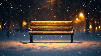 Snowy park bench at night