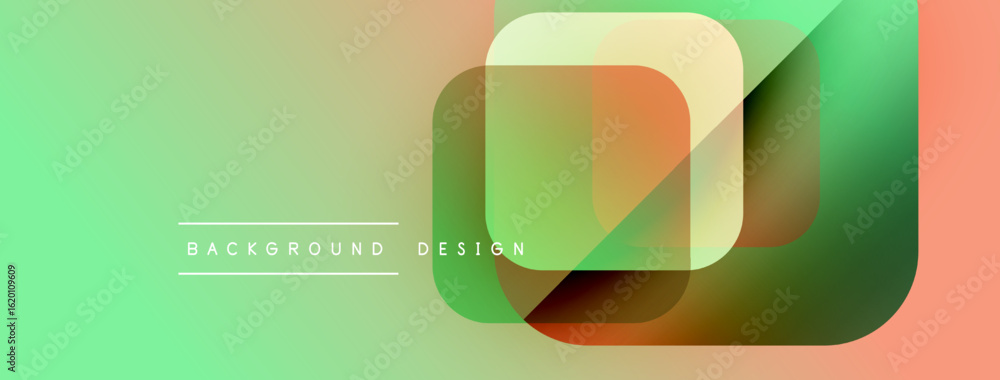 Poster abstract geometric shapes overlap, creating vibrant gradients. light green blends into peach tones. 