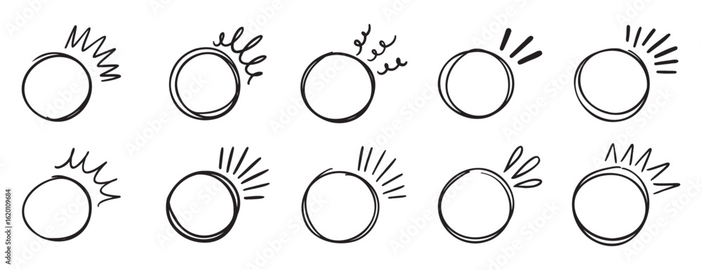 Poster circle brackets doodle line for quotation set. sparkle ray elements. hand drawn round frame for titl