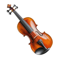 Fototapeta premium Polished wooden violin with glossy finish, featuring four strings, black fingerboard, and fine tuners, isolated on transparency background