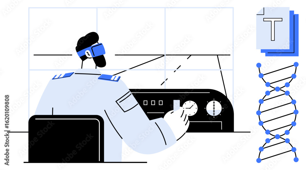 Poster pilot seated at control panel monitoring instruments, large windows, dna strand, and text file icons