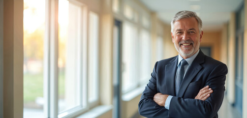 Senior principal stands confidently in school hallway, arms crossed. Smiling, he exudes leadership and professionalism. This image resonates with themes of education, mentorship, and academic success.