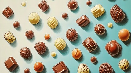 Assorted chocolate candies arranged on a clean white isolated background, showcasing rich textures, smooth coatings, and delicious variety, perfect for dessert, confectionery, and sweet food concept