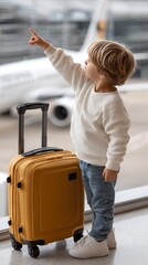 Little boy with yellow suitcase points at airplane in airport during daytime, captivated by travel excitement