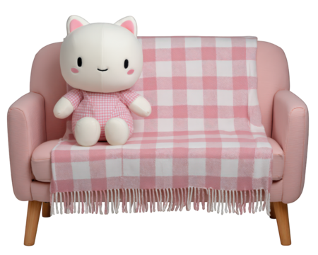 Plush cat doll pink sofa checkered throw blanket cute decor cozy living room soft toy pastel color home interior playful cheerful