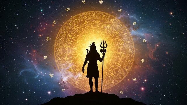 Silhouette Lord Shiva Standing with Staff against Space Background Animation