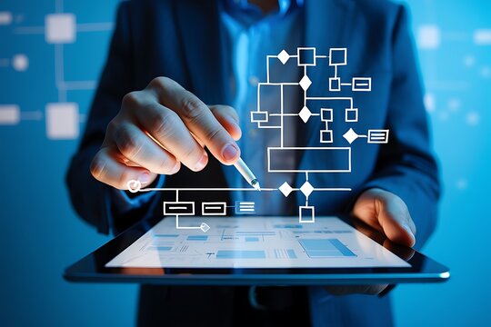 Business professional uses a stylus to interact with a digital flowchart on a tablet symbolizing data analysis and strategic planning in a modern tech environment