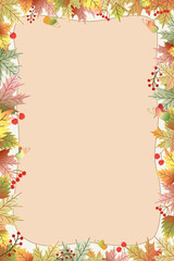 Vector - Beautiful frame or border on autumn, fall concept. Maple leaves, cherry, butterfly. Copy space.