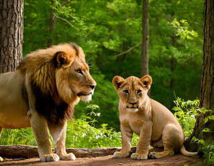 A lioness with her cute babies is nestled between trees in a thick forest during the summer.