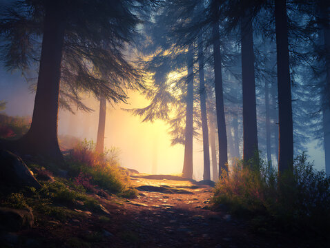 pathway through woodland with backlight and mist