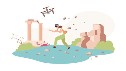 Woman with vr headset in ancient ruins with drone flying overhead and rocks falling down around her area