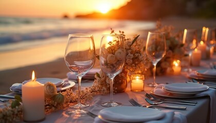 Romantic beach dinner setting at sunset with candles, wine glasses, flowers. Elegant table arrangement overlooking ocean. Perfect for celebrations, holidays, intimate gatherings with warm, golden