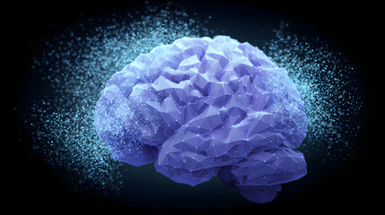 Purple Polygonal Brain 3D Render with Floating Particles – Side View on Dark Blue Background
