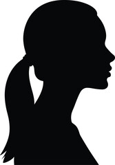Black silhouette of woman side profile with ponytail hairstyle, female face outline vector, elegant feminine headshot, isolated girl portrait illustration, minimal design