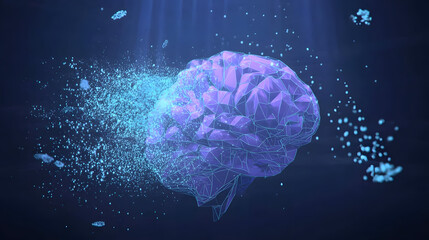 Purple Polygonal Brain 3D Render with Floating Particles – Side View on Dark Blue Background
