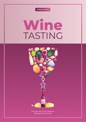A design template for wine tasting. Wine glass, bottle, grapes, corkscrew, cheese, basket. The concept of a winery, restaurant. Vector illustration of A4 format for posters, banners, posters.