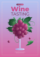 A design template for wine tasting. A wine glass made from grapes. The concept of wineries, restaurants. Vector illustration of A4 format for posters, banners, posters, invitations, advertisements.