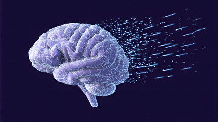 Purple Polygonal Brain 3D Render with Floating Particles – Side View on Dark Blue Background
