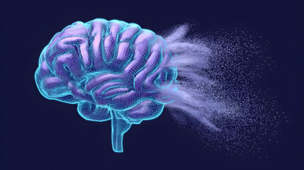 Purple Polygonal Brain 3D Render with Floating Particles – Side View on Dark Blue Background
