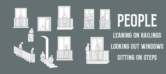 Minimal Line Vector Illustrations of People Leaning on Railings, Looking Out Windows, Sitting on Steps, and Standing on Balconies – Architectural Human Figures for Elevations and Sections