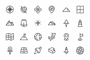 Fototapeta premium A clean line art set featuring geographic and cartographic symbols in a modern abstract style — great for guides, explorers, and vector collections