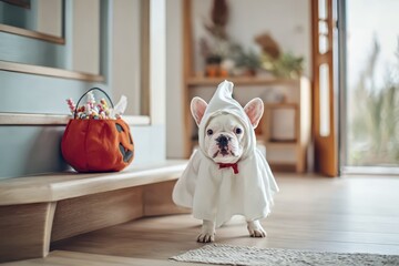 Adorable bulldog in ghost costume celebrates halloween indoors with pumpkin candy basket