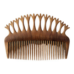 Antique wooden hair comb with ornate decorative carved crown top and fine teeth isolated on transparent background