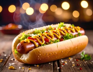 Close-up of a perfectly grilled hot dog with condiments, steam rising, shallow depth of field, cinematic, full HD, best quality.