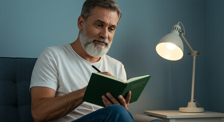 A mature individual with a distinguished beard is seated, illuminated by a desk lamp while engrossed in writing within a journal.