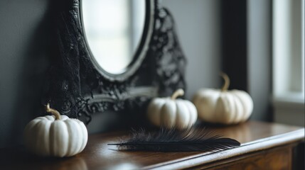 Elegant halloween decor with white pumpkins and black feather on vintage dresser
