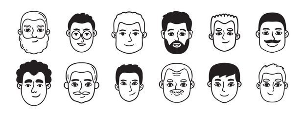 men portraits male doodles set doodle hand drawn icon set. Outline drawing man heads and faces line clipart symbol collection.