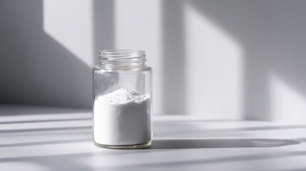 Glass jar filled with collagen powder in sunlit minimalist setting