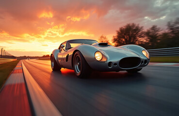 Fototapeta premium Vintage race car speeds on asphalt track during sunset, creating dramatic motion blur. Classic automobile embodies powerful dynamics, energy, and speed for motorsport enthusiasts.
