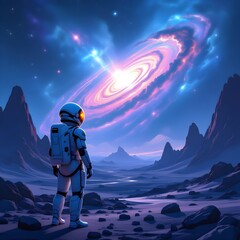 Astronaut Gazing at Swirling Galaxy in Alien Landscape, Generated AI