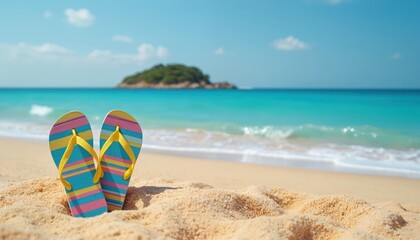 Colorful striped flip-flops rest on a sandy beach. Vibrant blue ocean waves wash ashore under a clear sky. These sandals represent summer vacation, relaxation, and tropical travel fun.