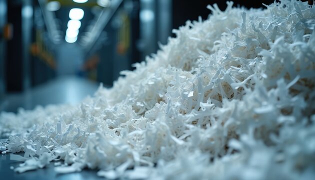 Massive pile of shredded paper waste overflowing from industrial shredder machine. Documents processed, ensuring confidential data security. Environmentally friendly disposal, waste management,
