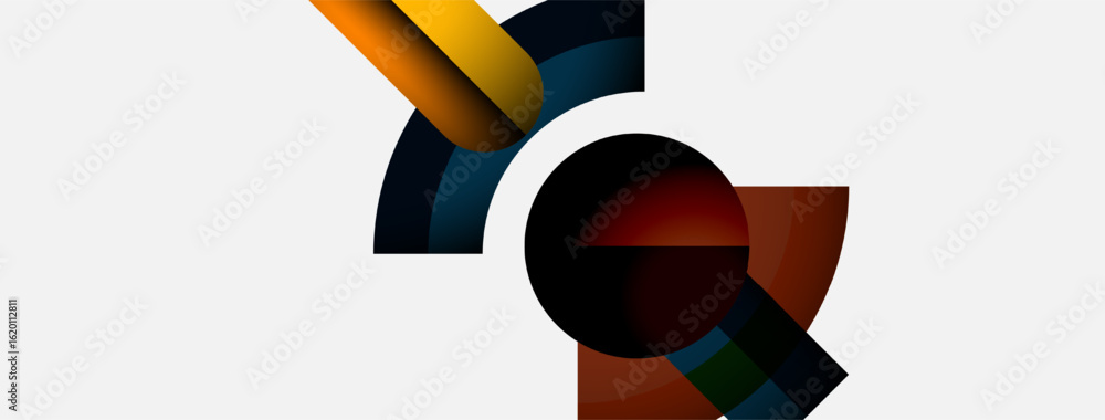 Poster abstract geometric shapes overlap, creating dynamic composition. colors blend, forming modern visual