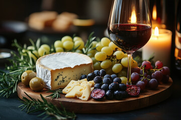 Cheese platter adorned with grapes, a delightful combination of cheese and fruit.