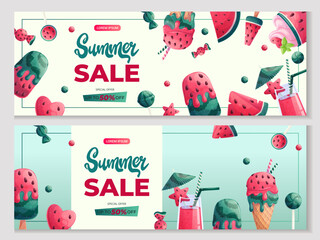 A set of promo banners with various watermelon sweets and desserts. The concept of summer, summer sale. Vector illustration for posters, banners, advertisements, flyers