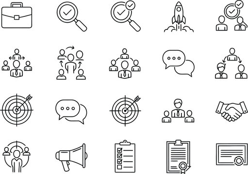 Business icons collection with briefcase and rocket. business, briefcase, rocket, launch, people, teamwork, communication, target, strategy, handshake, agreement, checklist, document, certificate, ico