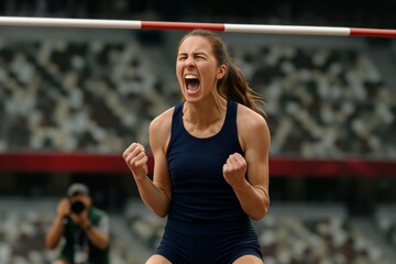 Female athlete celebrating triumphant victory in high jump competition