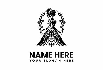 Elegant silhouette of a woman in a gown with floral wreath and ornate details.