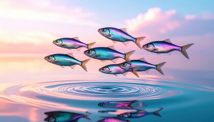 Colorful Pixel Fish School At Sunrise